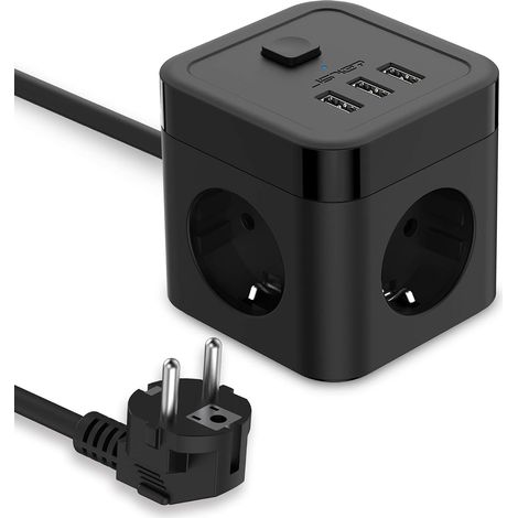 Cube Multiprise USB 3 Prises avec 3 Ports USB Chargeur de Voyage(5V3,1A/15,5W) Bloc Multiprises avec Interrupteur Cable 1.5m pour Smartphone Tablette- Noir (1/5)