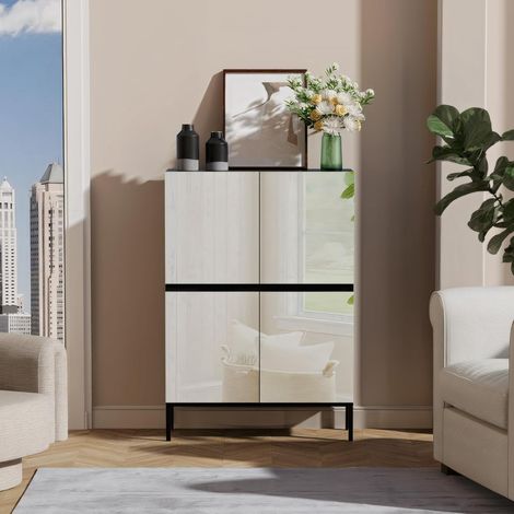 UEV Armadio con 4 Ante a Specchio, Mobiletto Salvaspazio con 8 Scomparti per Stoccaggio, Armadio Multiuso con Design Elaborato Maniglia Scomparsa e Piedi di Metallo, 80 x 29 x 115,5 cm, Nero (1/5)