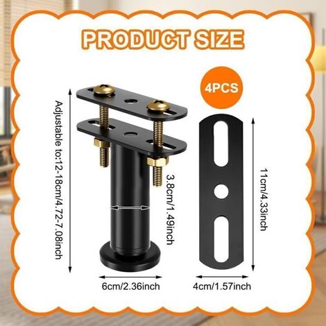 Lot de 4 Pieds de Lit Réglables en Hauteur de 12 à 18 cm - Kit de Renforcement pour Barre Centrale et Sommier à Lattes - Pieds de Support Robustes pour Cadre de Lit(Noir)