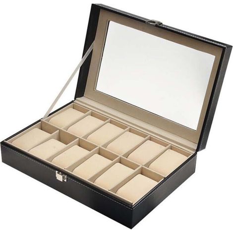 Scatola porta orologi, organizer per 12 orologi, scatola porta orologi, organizer per orologi, scatola porta orologi in similpelle nera (1/3)