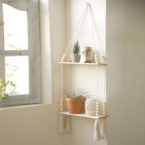Etagère suspendue, décoration murale de style bohème — étagère de rangement double couche en perles de matériaux naturels tissées à la main (1/5)