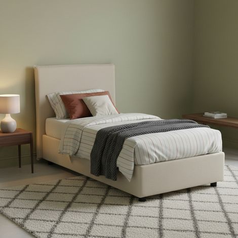 Talamo Italia - Letto singolo Alder, Letto contenitore con rivestimento in tessuto, 100% Made in Italy, Apertura frontale, adatto per materasso Cm 90x200, Beige (1/5)