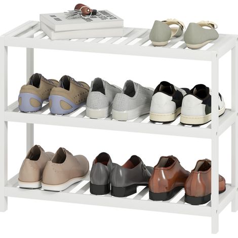 Étagère en bambou à 3 niveaux, à chaussures, étagère de rangement, surface laquée, blanche