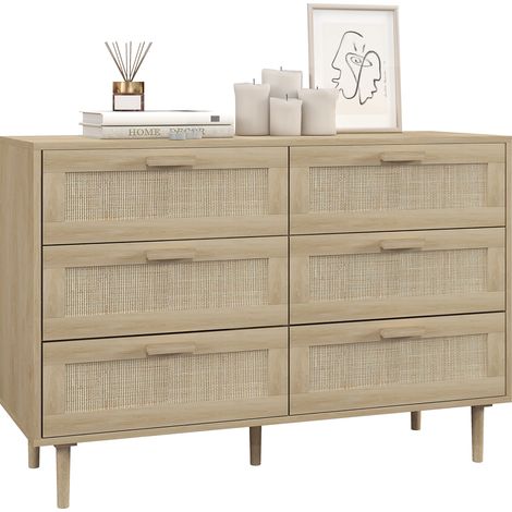 Kommode mit 6 Schubladen und Rattan-Geflecht, Maße 110 x 40 x 75 cm (L x B x H), helle Holzoptik