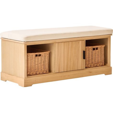 Banc d'entrée en bois 1 porte 2 rangements – Style scandinave – Assise en velours beige – Dimensions 108x42x46 cm – Bois certifié FSC – Nordlys
