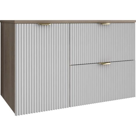 Mobile da bagno con frontale scanalato 100 cm (60+40) Cesto portabiancheria, noce scuro (MDF), frontali bianchi, maniglia dorata, 100 x 47 x 60 cm (1/5)