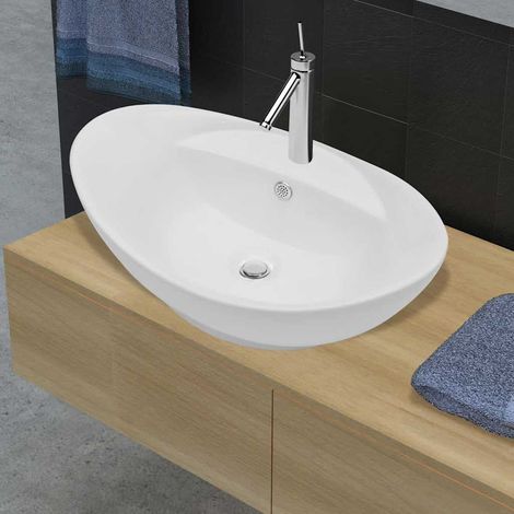 vidaXL Lavabo ovale en céramique avec trou de robinet (1/5)