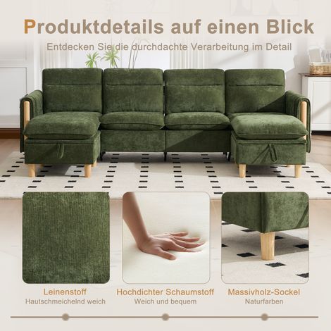 Grand canapé d'angle en U avec deux poufs de rangement canapé modulable quatre places avec pieds de table en bois canapé confortable en tissu, idéal pour le salon et l'espace familial (chenille vert (1/4)