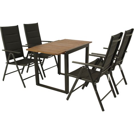 RIVELLO: Garnitur 5-teilig 4x Klappsessel Aluminium + Kunstgewebe schwarz, 1x Ausziehtisch 80/120x70cm, Stahl anthrazit + Akazie geölt, FSC-zertifiziert