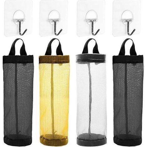 Porte-sacs en plastique, lot de 4 organisateurs pliables et respirants en filet suspendu, avec 4 crochets pour la maison et la cuisine. (1/5)