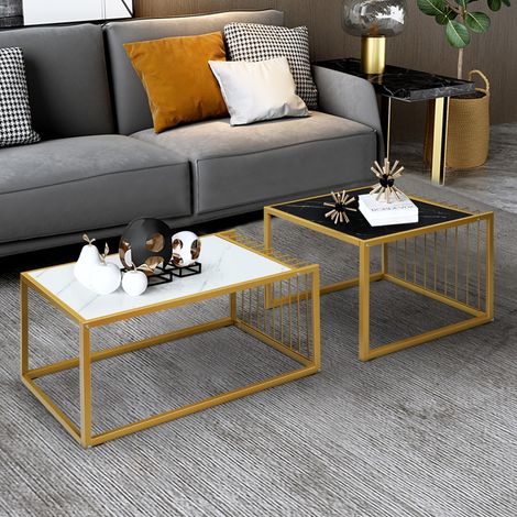 Lot de 2 Tables Basses Gigognes Surface en Marbre Artificiel Réaliste Scandinave Moderne Structure en Métal (1/3)