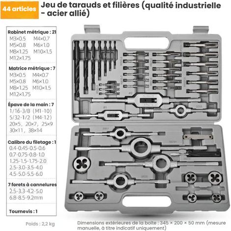 Set di maschi e filiere da 44 pezzi M3-M12, filettature fini e grosse, acciaio legato GCr15, custodia per il trasporto - Kit per maschiatura e filettatura (1/4)