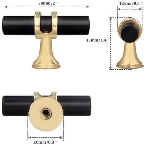Set of 2 Single Hole T Bar Drawer Handles Zinc Alloy Kitchen Cabinet Bedroom Pulls Knobs with Screws, Black with Golden Base (1/4)