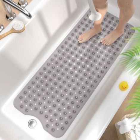 Non-slip bath mat, 101 x 40 cm, extra long, non-slip shower mat, mold-resistant and machine washable, BPA-free, grey