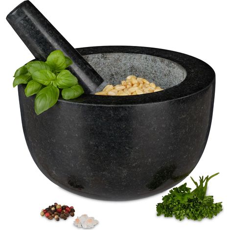 Relaxdays Mortar with Pestle, Spices, Herbs, Polished Stone Mortar, Ø 20 cm, 750 ml Volume, Granite, Dark Grey (1/5)