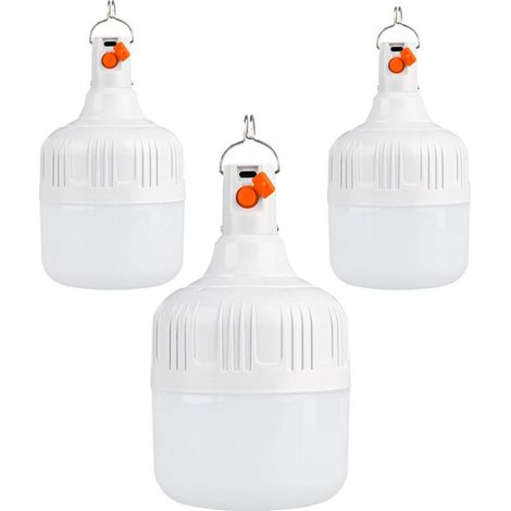 Lot de 3 lampes de camping LED rechargeables par USB - Lampe de tente super lumineuse - 3 modes d'éclairage - 30 W - Lampe de camping avec crochet