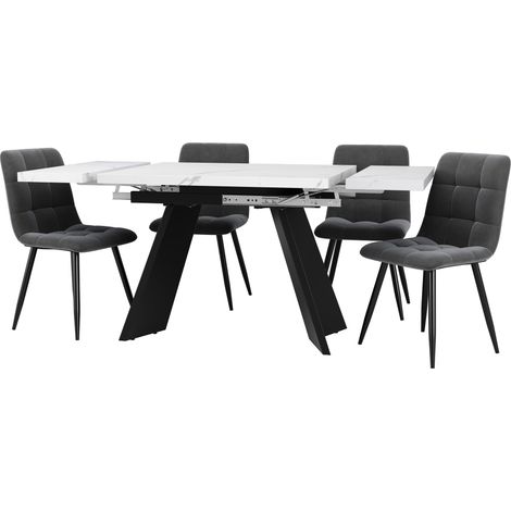 Ensemble de salle à manger 5 pièces, ensemble table à manger extensible pour 4 personnes, table à manger 160×80×75 cm avec 4 chaises de salle à manger, chaise en velours gris, table à manger blanche a (1/5)