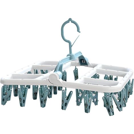 Portable Plastic Clothes Airer with 40 Clips for Socks, Underwear, Clothes, Towels (White + Blue) (1/5)