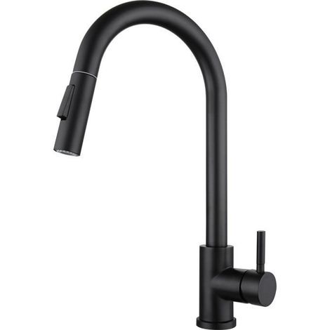 Grifo de cocina moderno de acero inoxidable con rociador extraíble y una sola manija, color negro esmerilado (1/4)