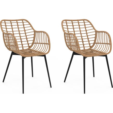 Set di 2 sedie da pranzo SUMMER in rattan con gambe in metallo nero (1/5)