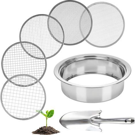 5-en-1 Tamis de Jardinage en Acier Inoxydable,Tamis à Sable avec Mailles Ø 1, 3, 6, 9 et 12 mm,Inclut 1 Pelle à Main pour Terre, Pierres, Compost, Mauvaises Herbes, Sable, Gravier et Graines (1/5)