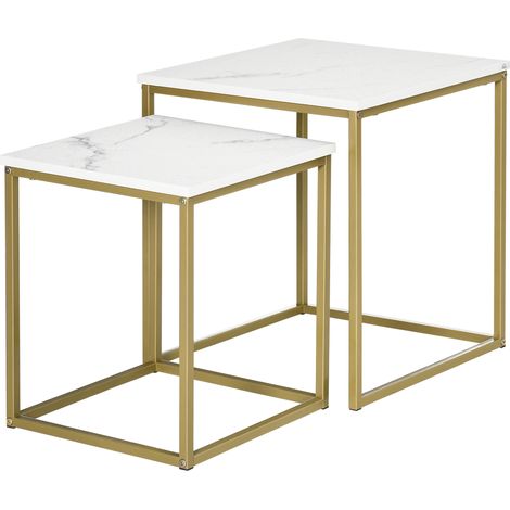 Lot de 2 tables basses gigognes carrées style art déco - acier doré panneaux aspect marbre blanc (1/5)