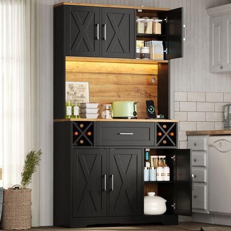 Buffet de cuisine haut LED 105x40x180 cm - armoire garde-manger avec casiers à vin - cave à vin - vitrine - MDF - naturel et noir (1/5)