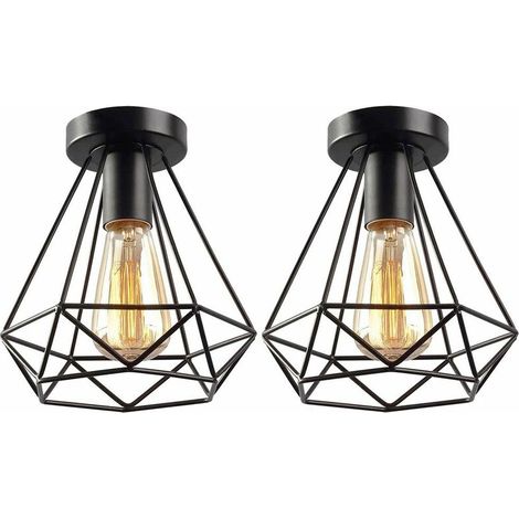 Lot de 2 Plafonnier Industrielle forme Cage Diamant 20cm, Lampe de Plafond Vintage E27 Lustre Luminaire en Métal Design Rétro pour Balcon Couloir Salle de Bain Entrée Cuisine, Noir - Noir BLOW (1/4)