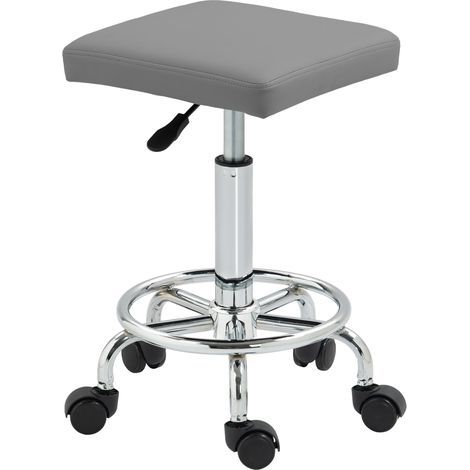 Tabouret pivotant réglable, gris, salons ateliers 34x34x50-66 cm, repose-pieds rembourré, roulettes (1/5)