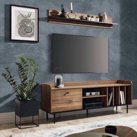 TV Lowboard im Retro Design VAREDO-132 in Eiche Nb. mit Wandboard, B/H/T: ca. 150/180/40 cm (1/5)