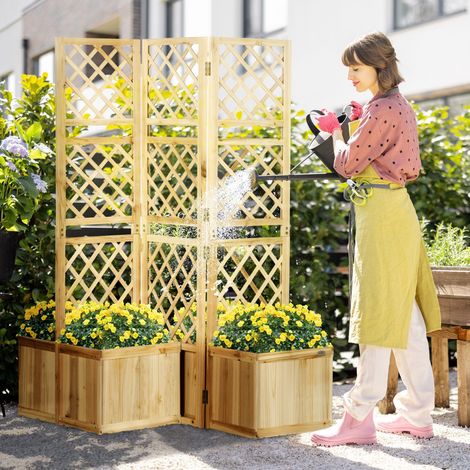 Biombo de exterior de madera natural 133 x 165 cm, 3 paneles, con 4 jardineras HAVRYA (1/5)