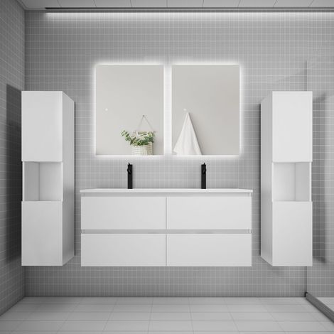 Ensemble meuble blanc et vasque L.120cm 4 tiroirs + colonne2 haut + lavabo + miroir 80x60cm2-suspendu