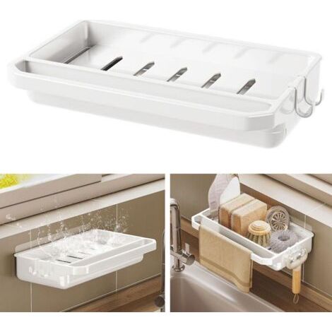 Égouttoir mural blanc pour cuisine – support de rangement avec 2 crochets pour chiffons et robinet, en plastique résistant (1/3)