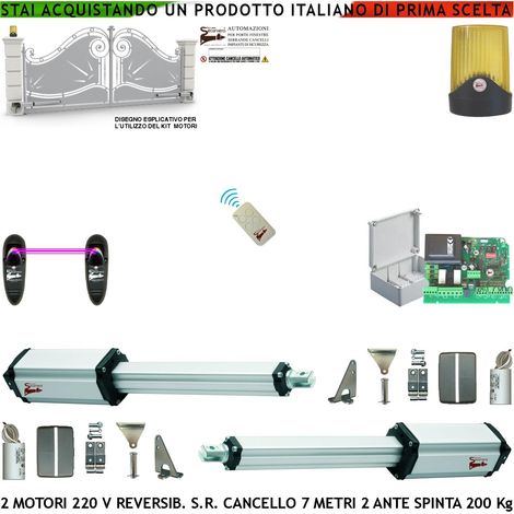Apricancello Elettrico 230 V Ricambio per Cancello da 7 MT 2 Ante da 3,5 Metri 2 Motori Elettromeccanici Stelo Retrattile Reversibile Corsa 600 mm Spinta 250 Kg Centrale Fotocellule Radiocomando Faro (1/4)
