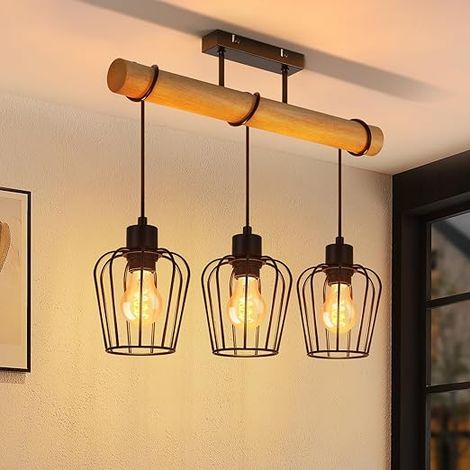 GBLY Deckenleuchte Wohnzimmer Vintage Deckenlampe Holz Schwarze Wohnzimmerlampe im Industrial Design aus Metall E27 Deckenbeleuchtung für Küche Esszimmer Schlafzimmer ohne Leuchtmittel