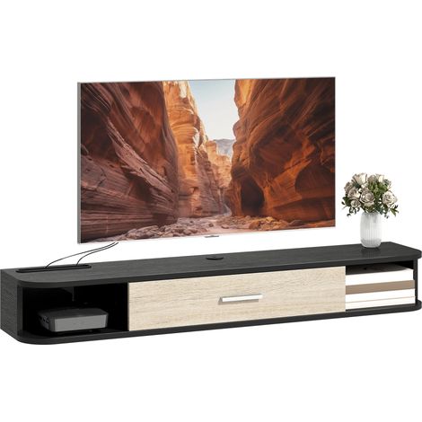 Meuble TV Suspendu 120 cm, Meuble télé jusqu'à 50 Pouces, Porte Rabattable, 2 Étagères Ouvertes et Passe-câbles, Noir