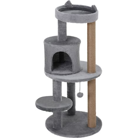 Grauer Katzenbaum mit Kratzstämmen, Plattformen, Versteck und Hängeball Ø48x104H cm