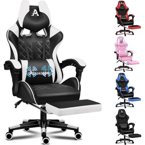 Gaming-Bürostuhl mit Fußstütze, Lendenkissen, Neigungsverstellung, Ledersitz (1/5)