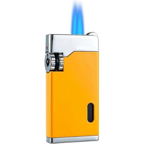 Briquet double torche coupe-vent rechargeable butane, pour cuisine camping plein air, cadeau mari/père, jaune (1/5)
