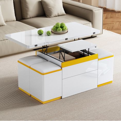 Table basse relevable 100x50x43 cm blanc et jaune en MDF et panneaux de particules avec rangement et tabourets (1/5)