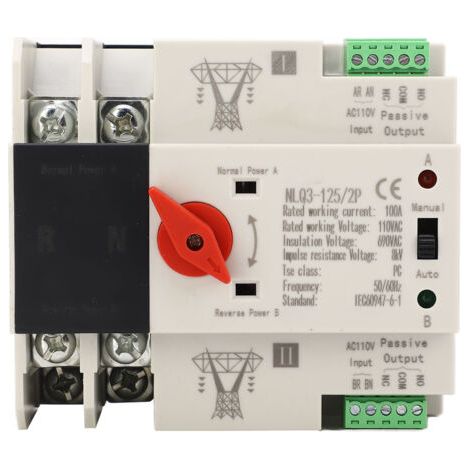 Interrupteur automatique de transfert double alimentation, CA 110 V / 100 A, montage sur rail DIN de 35 mm, ATS à 2 pôles pour groupe électrogène