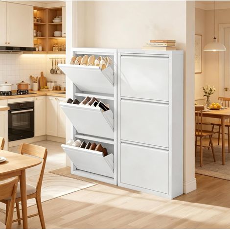 Scarpiera stretta 50x15x106 cm bianca in metallo con 3 ribalte e montaggio a parete (1/5)