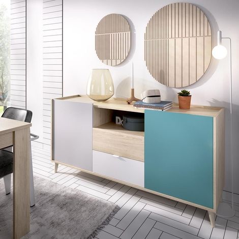 DEKIT - Aparador NOVA 2 puertas y 2 cajones color Blanco / Gris / Natural / Esmeralda 75x155x43 cm (1/5)