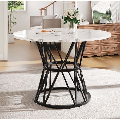 Mesa de comedor redonda 100 x 100 x 76 cm, tablero MDF efecto mármol, patas metálicas negras DESVIAE (1/5)