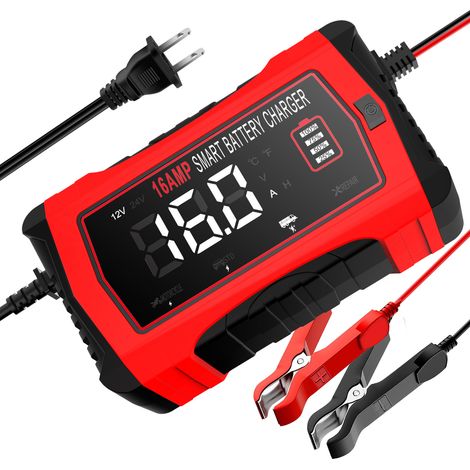 Chargeur de batterie de voiture, 16 A, 12 V, 16 A/24 V, 10 A, au lithium, LiFePO4 (AGM/Gel/SLA) , écran LCD pour voiture, bateau et moto