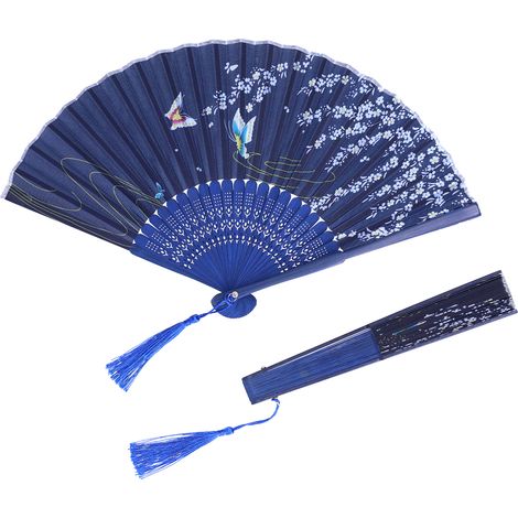 Éventail pliant décoré de papillons bleus et de fleurs de cerisier - Cadeau décoratif (1/5)