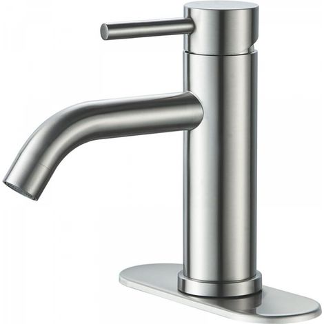 Robinet de salle de bain moderne à trou unique, robinet d'évier en nickel brossé, robinet de salle de bain à poignée unique avec plaque de recouvrement à 3 trous, conduite d'alimentation en eau (1/4)