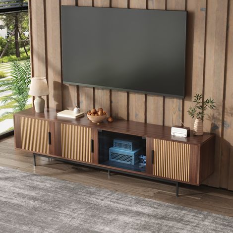 Mobile TV 200x35x53 cm nero e noce marrone in MDF e truciolato con LED, vetro temperato e ante geometriche (1/5)