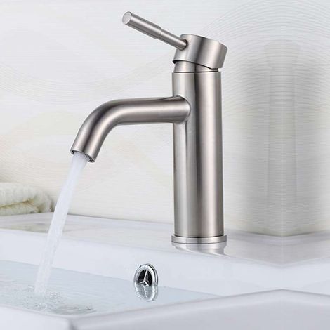 Robinet mitigeur lavabo nickel brossé – Bec courbé – Eau chaude et froide – Installation facile – Flexible de raccordement inclus (1/4)