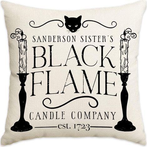 Lot de 2 housses de coussin décoratives d'Halloween, imprimé tête de chat noir et bougeoir, taies d'oreiller noires style lin, décoration gothique (1/5)